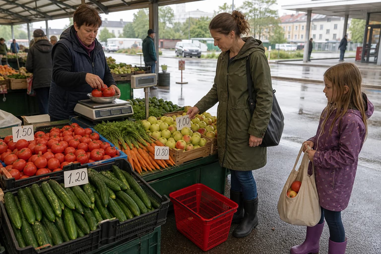 A family buys fruit and vegetables at a farmers’ market on a rainy day.